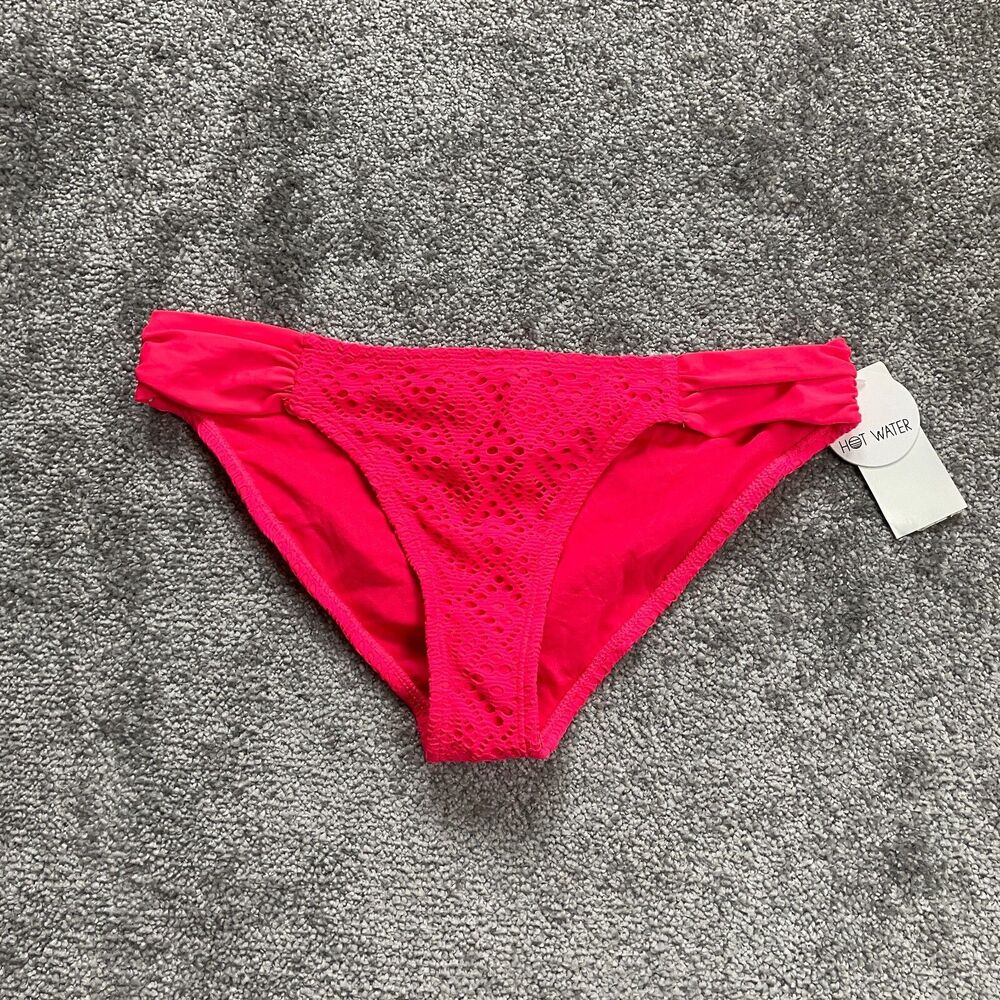 Hot Water Bikini Bottom Womens Large Solid Red Lace Mid Rise Summer Beach NWT